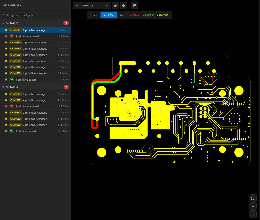 Comparing v4 and v5 of the SP-12 Main Board, with the Differences panel and a rerouted trace
